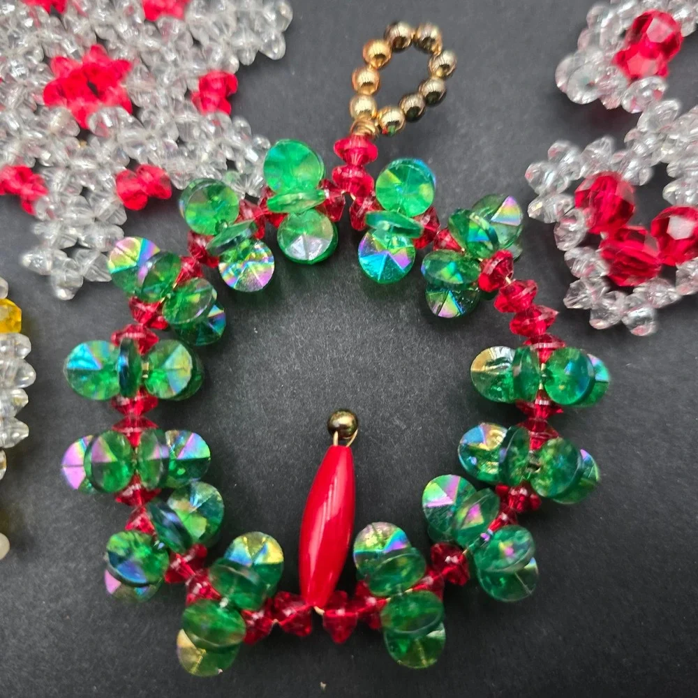 Vintage Handmade Beaded Christmas Ornaments Lot Wreaths Candy Canes Snowflakes